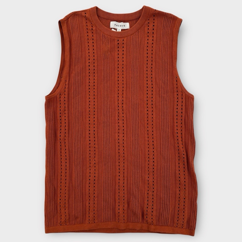 PacSun Sweater Vest Mens Medium Cable Knit Brown Sleeveless Crochet NWT